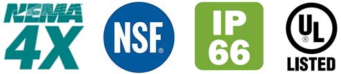 NEMA4x, NSF, IP66, UL NEMA4x, NSF, IP66, UL